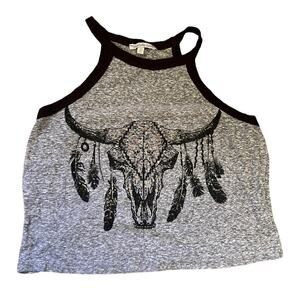 Charlotte Russe Gray High Neck Western Jeweled Racerback Crop Tank